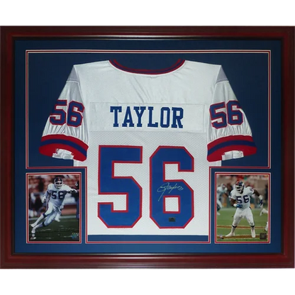 Lawrence Taylor signed deluxe framed jersey with white blue red accents