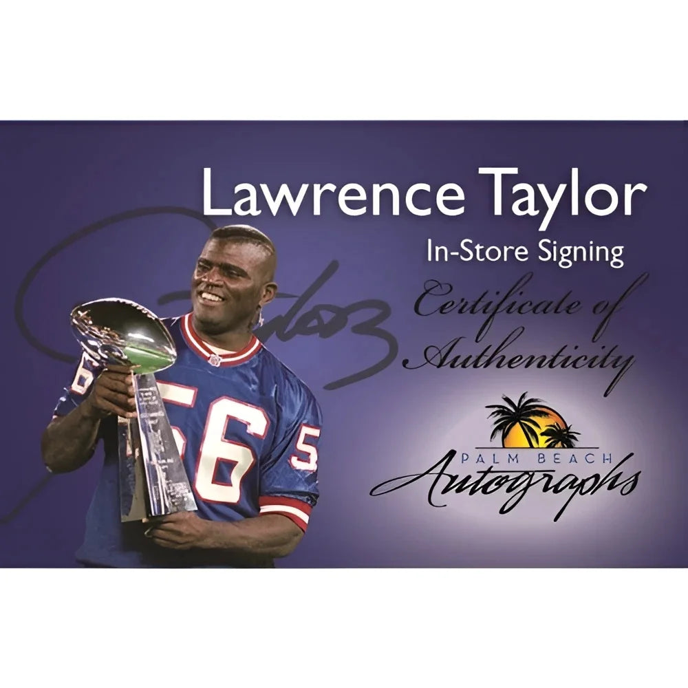 Lawrence Taylor signed blue white jersey 56 with Super Bowl trophy in deluxe framed display