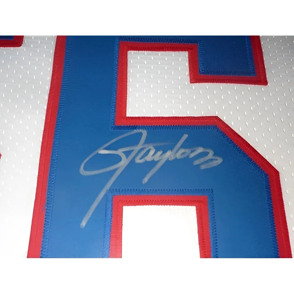 Lawrence Taylor signed deluxe framed blue and white jersey with red accents