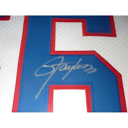 Lawrence Taylor signed deluxe framed blue and white jersey with red accents