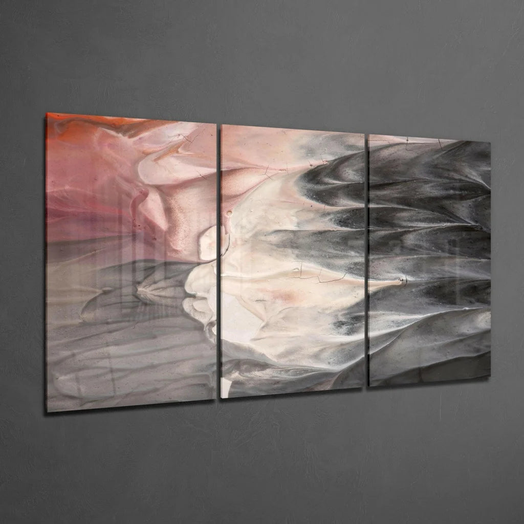 Blush Pink abstract glass wall art triptych with soft pink, gray, black hues