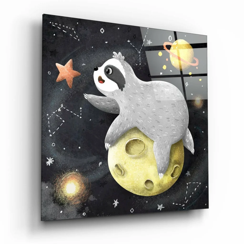 Cosmic Sloth Moon Glass Wall Art Adventure | Insigneart USA | vintageantiquesgifts.com