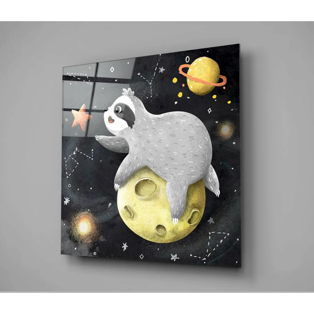 Cosmic Sloth Moon Glass Wall Art Adventure | Glass Wall Art Print | vintageantiquesgifts.com