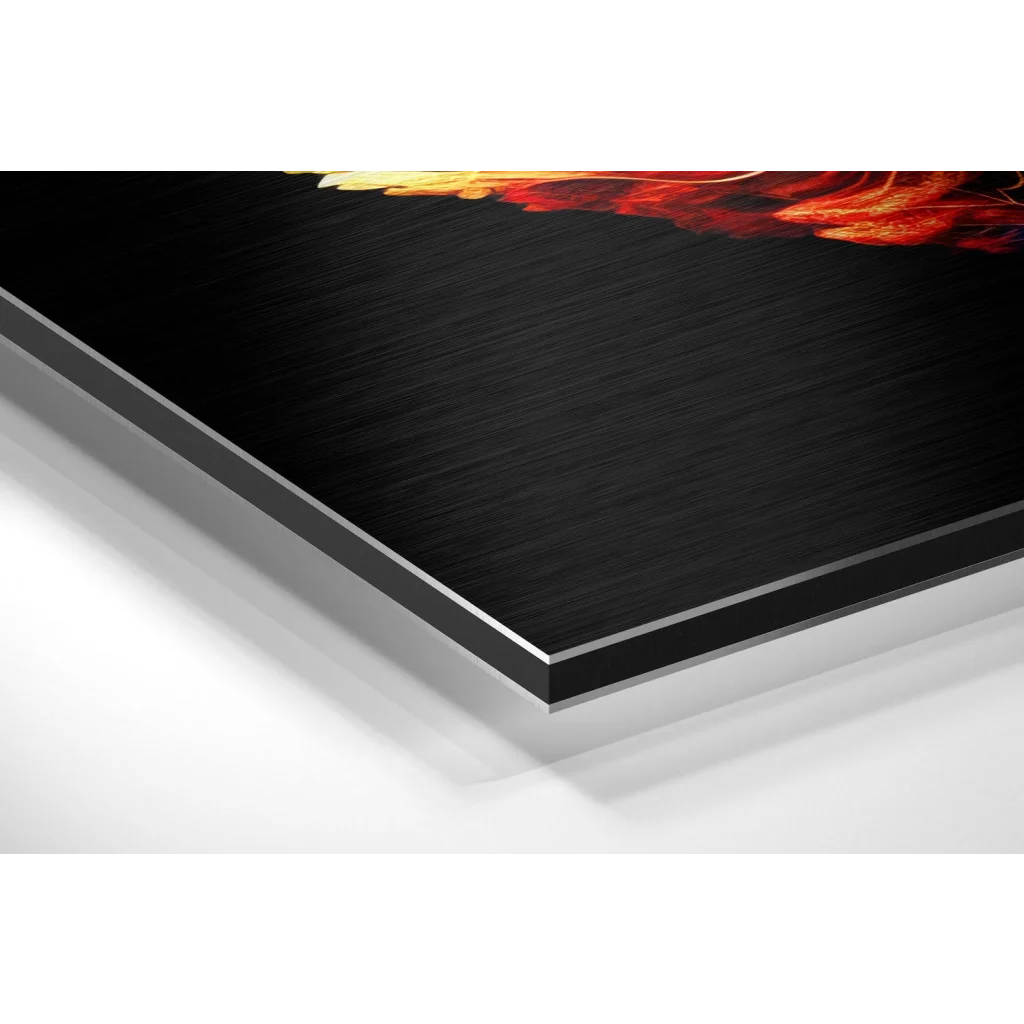 Fiery abstract orange red swirls on brushed aluminium dibond metal print