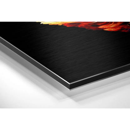 Fiery abstract orange red swirls on brushed aluminium dibond metal print