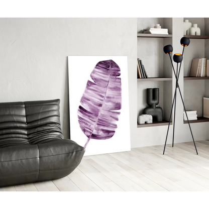 Vibrant purple banana leaf watercolor wall art print on white canvas