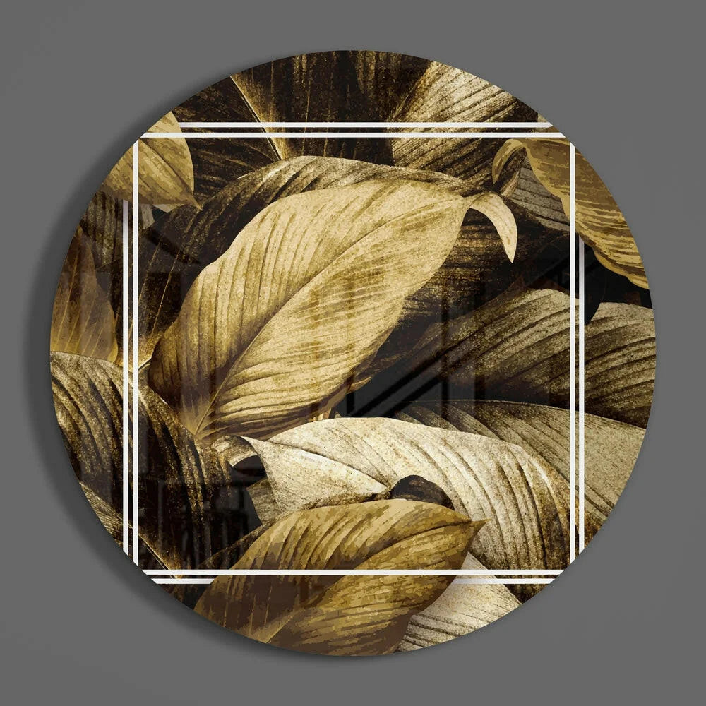 Golden leaf tempered glass art circle with textured pattern and white frame