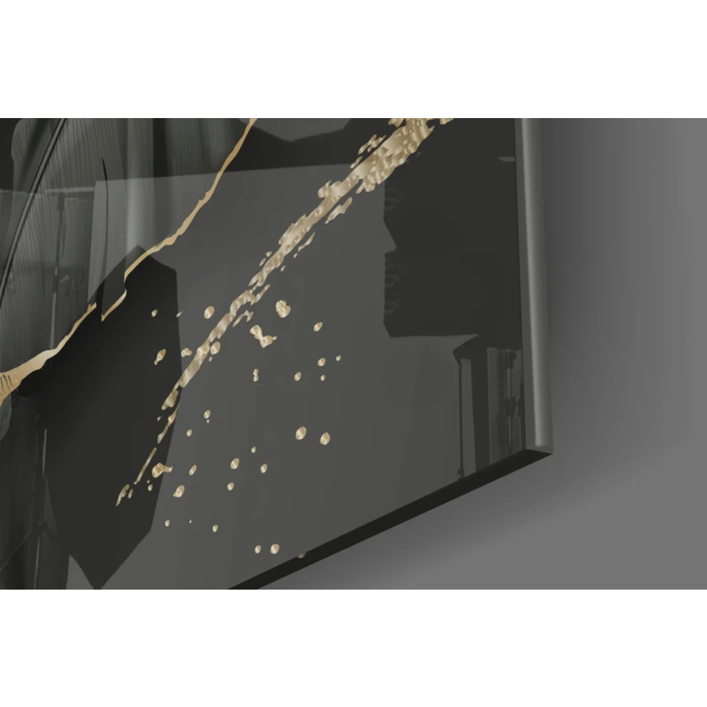 Sleek black-framed Luxe Black Gold Banana Leaf glass wall art with glossy gold pattern