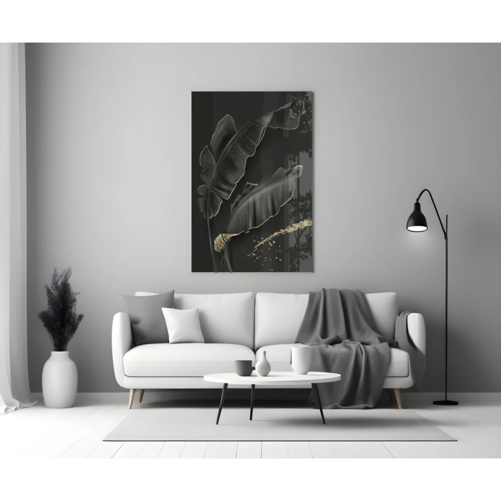 Luxe black gold banana leaf glass wall art on wall