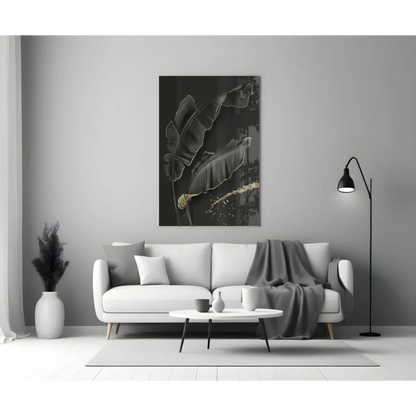 Luxe black gold banana leaf glass wall art on wall