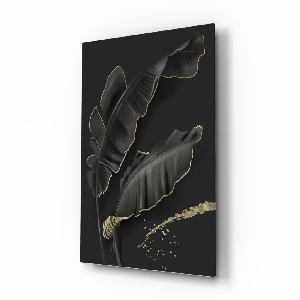 Luxe black gold banana leaf glass wall art with glossy finish
