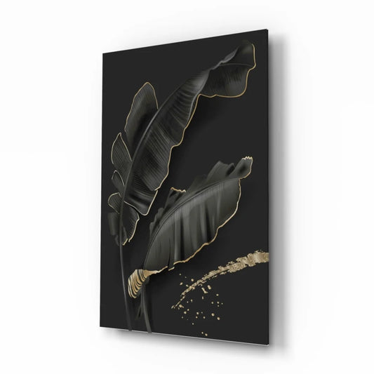 Luxe black gold banana leaf glass wall art with glossy finish
