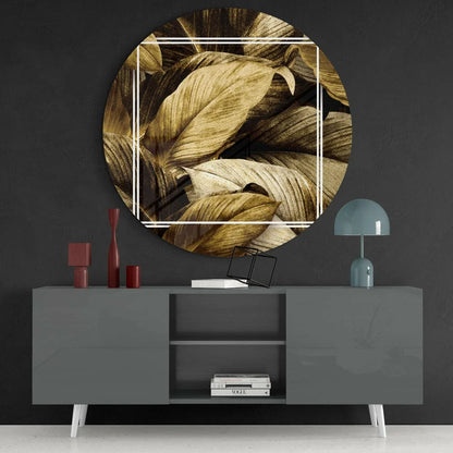 Golden leaf tempered glass art circle with close-up brown leaves and white geometric frame