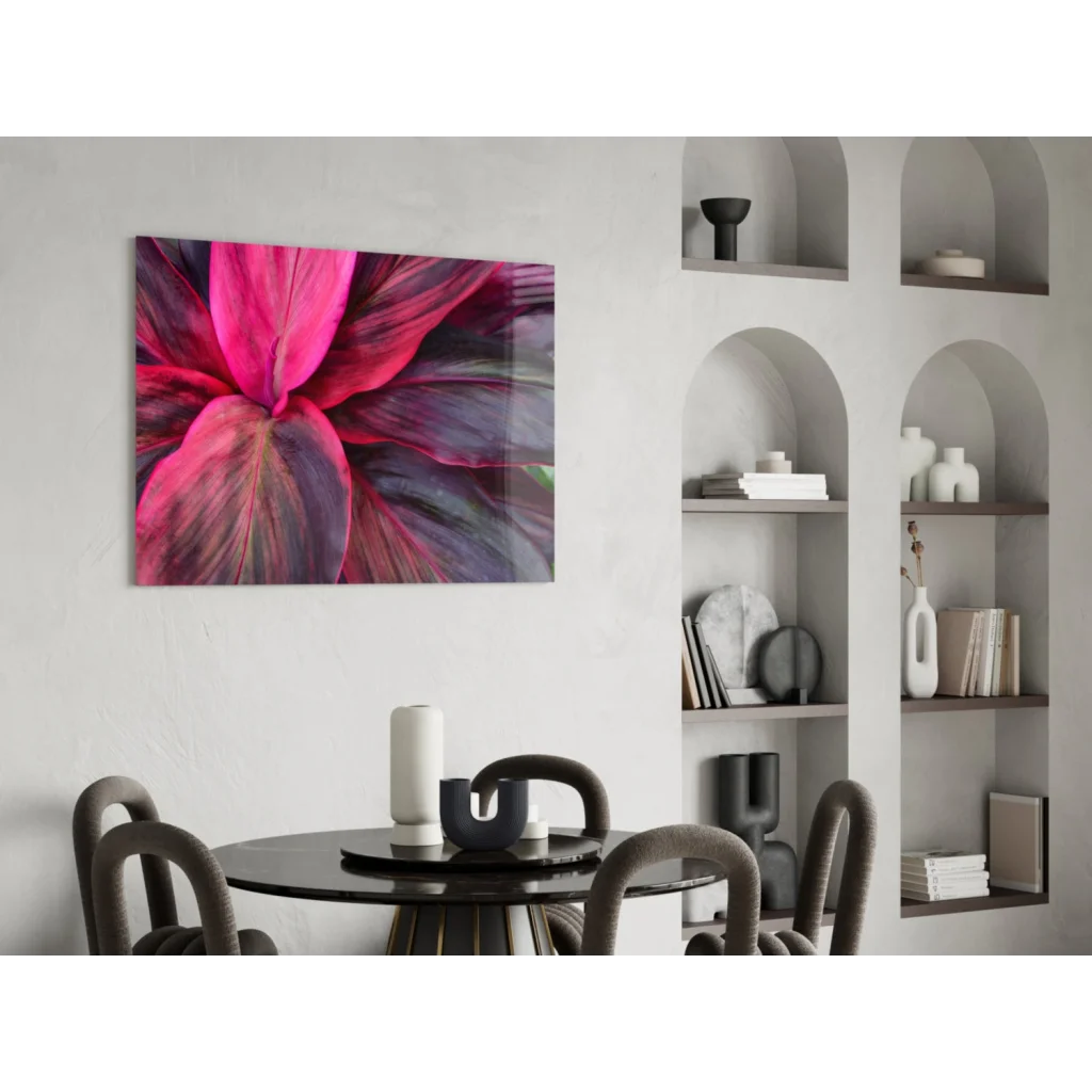 Vibrant pink purple leaf macro on sleek glass wall art print