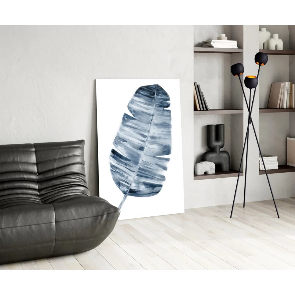 Blue banana leaf watercolor wall art canvas print on white background