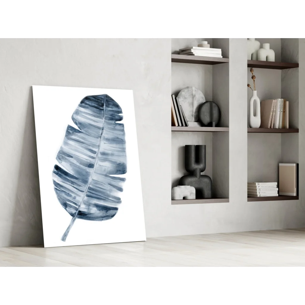 Modern blue banana leaf watercolor wall art canvas print on white