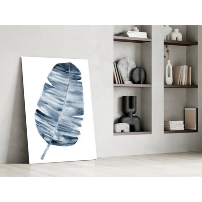 Modern blue banana leaf watercolor wall art canvas print on white