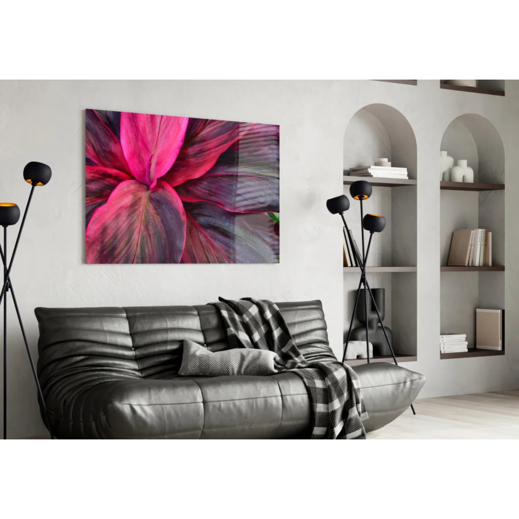 Vibrant pink purple leaf glass wall art print hanging on wall