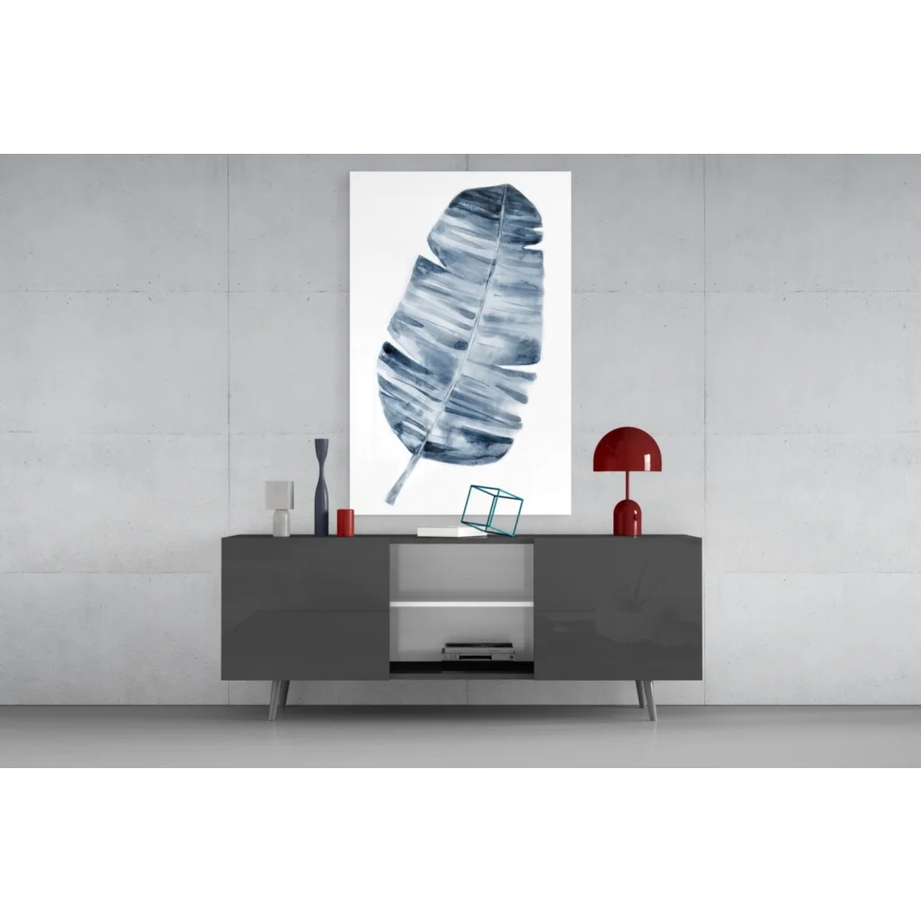 Modern blue banana leaf watercolor wall art canvas print