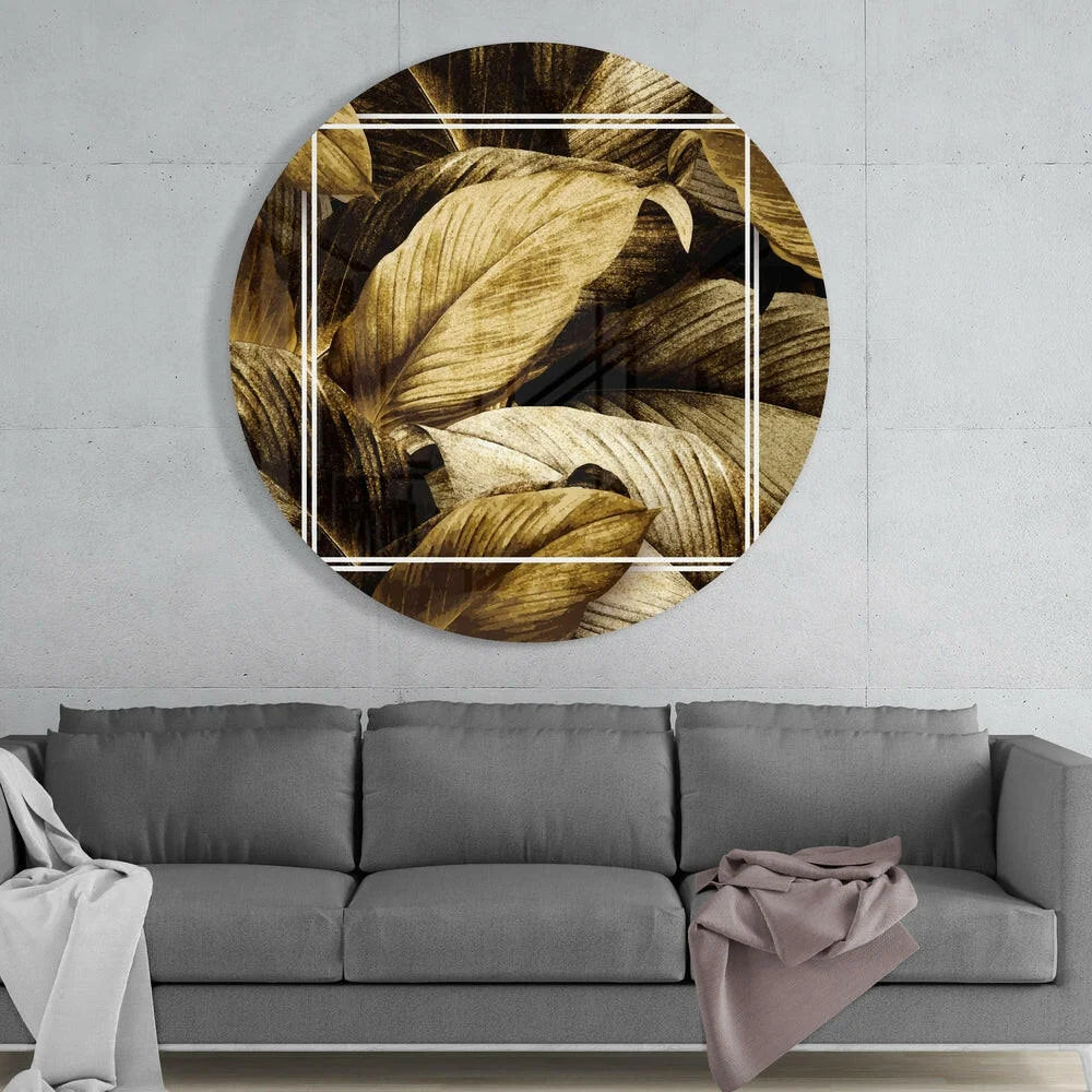 Golden leaf tempered glass art circle with close-up brown leaves and white geometric frame