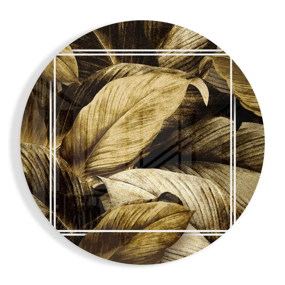 Golden leaf tempered glass art circle clock with tropical leaves design