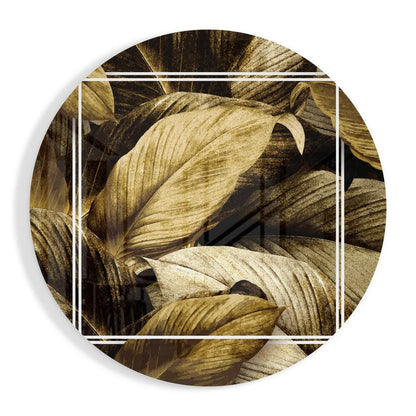Golden leaf tempered glass art circle clock with tropical leaves design