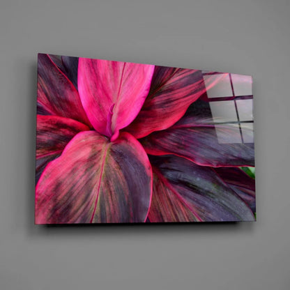 Vibrant pink purple leaf glass wall art on glossy acrylic panel
