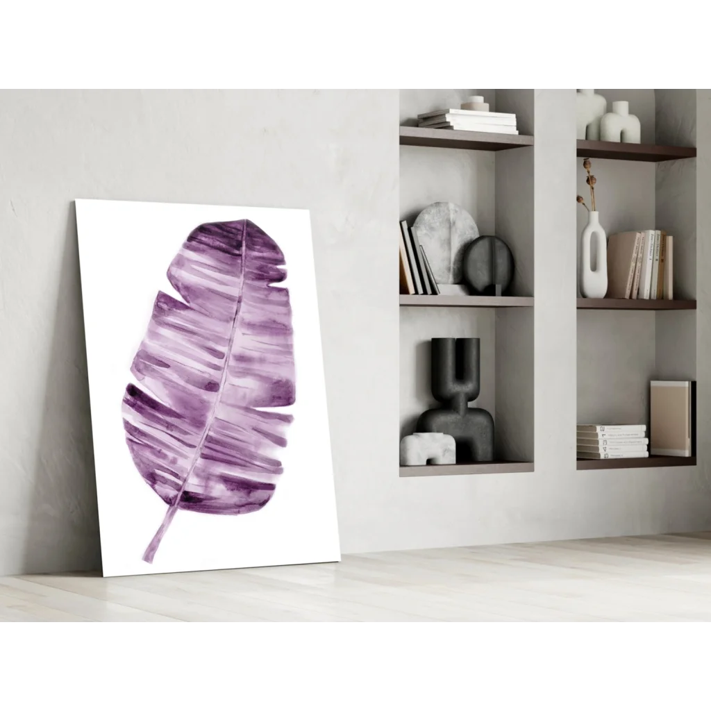 Vibrant purple banana leaf watercolor wall art print on white canvas
