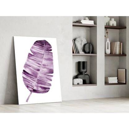 Vibrant purple banana leaf watercolor wall art print on white canvas