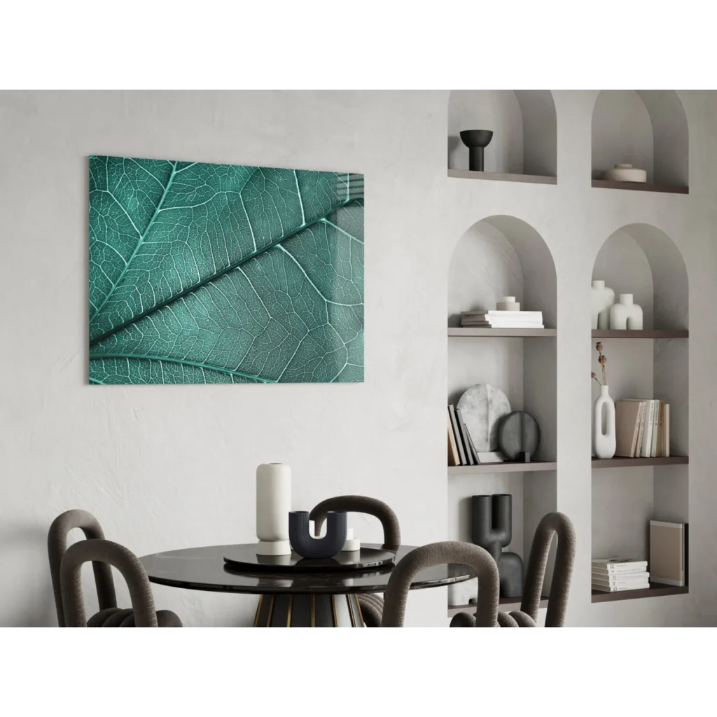 Stunning emerald glass wall art with teal leaf vein details