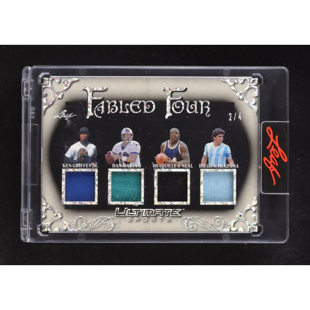 Leaf Ultimate Sports Fabled Four Silver Sparkle card with Griffey, Marino, ONeal, Maradona swatches