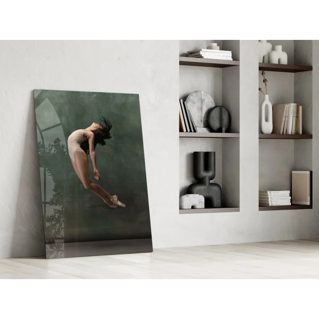 Nude leaping ballerina canvas wall art in misty green