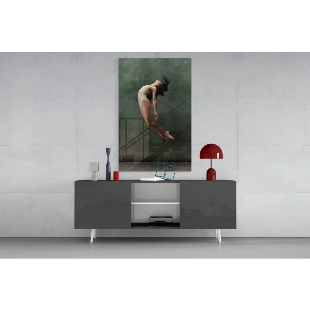 Striking red table lamp with dome shade in Leaping Ballerina wall art