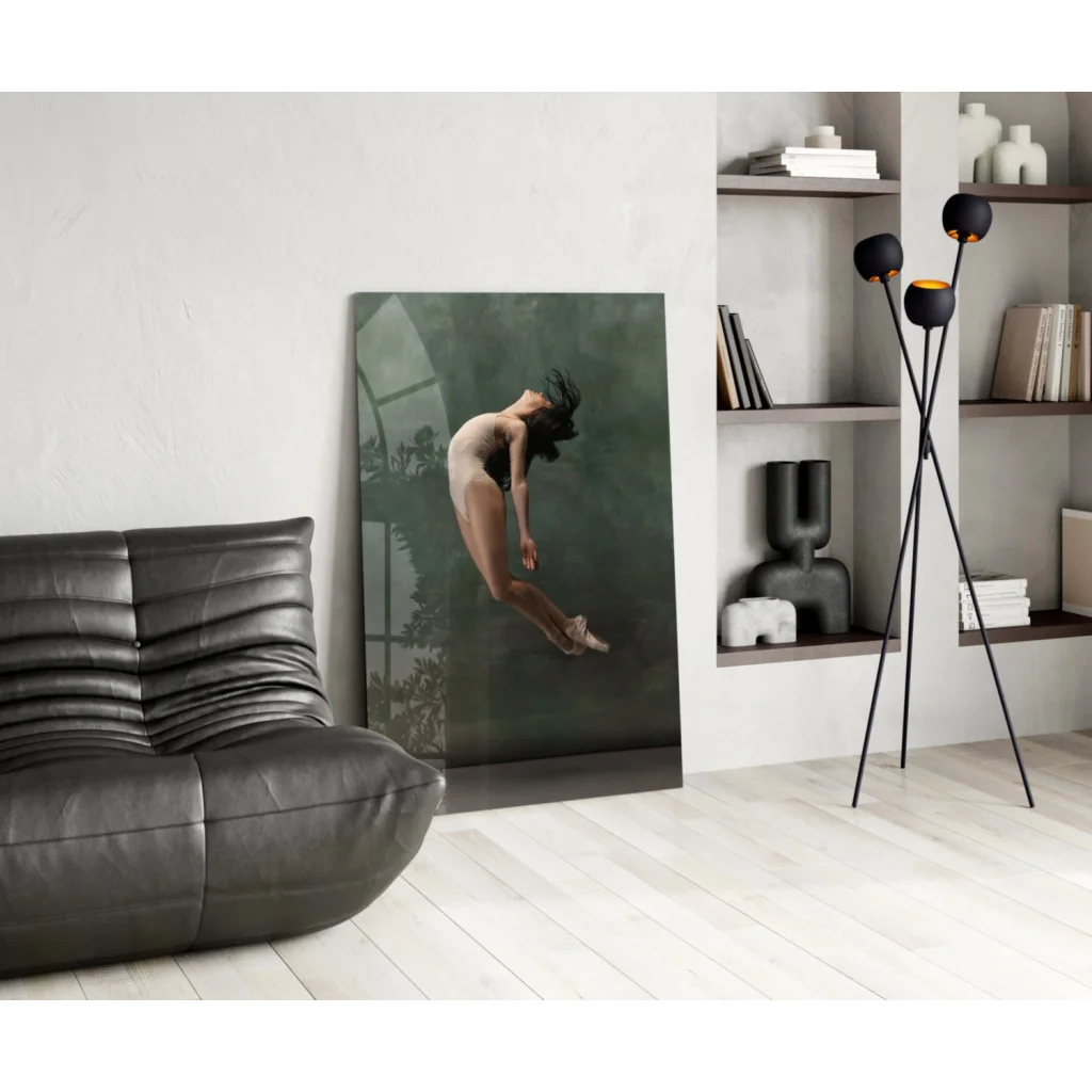 Nude leaping ballerina canvas wall art in misty green