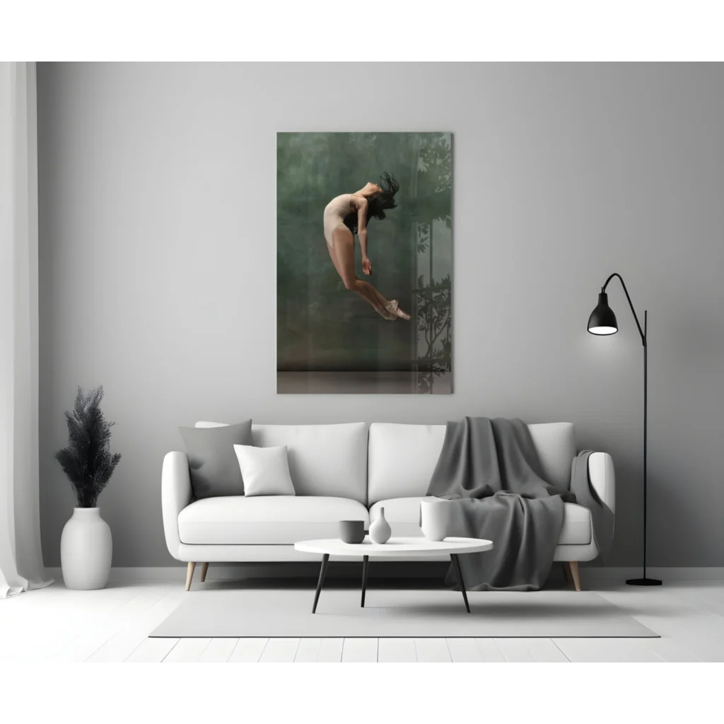 Nude leaping ballerina canvas wall art in misty green tones