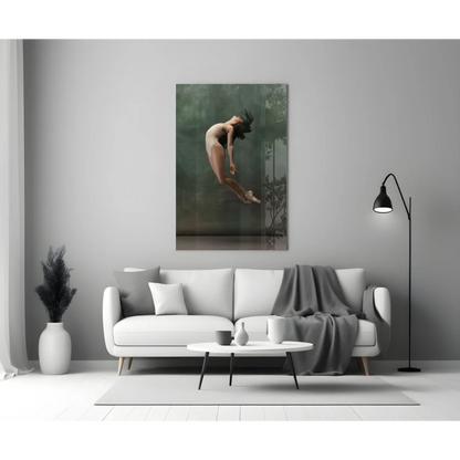 Nude leaping ballerina canvas wall art in misty green tones