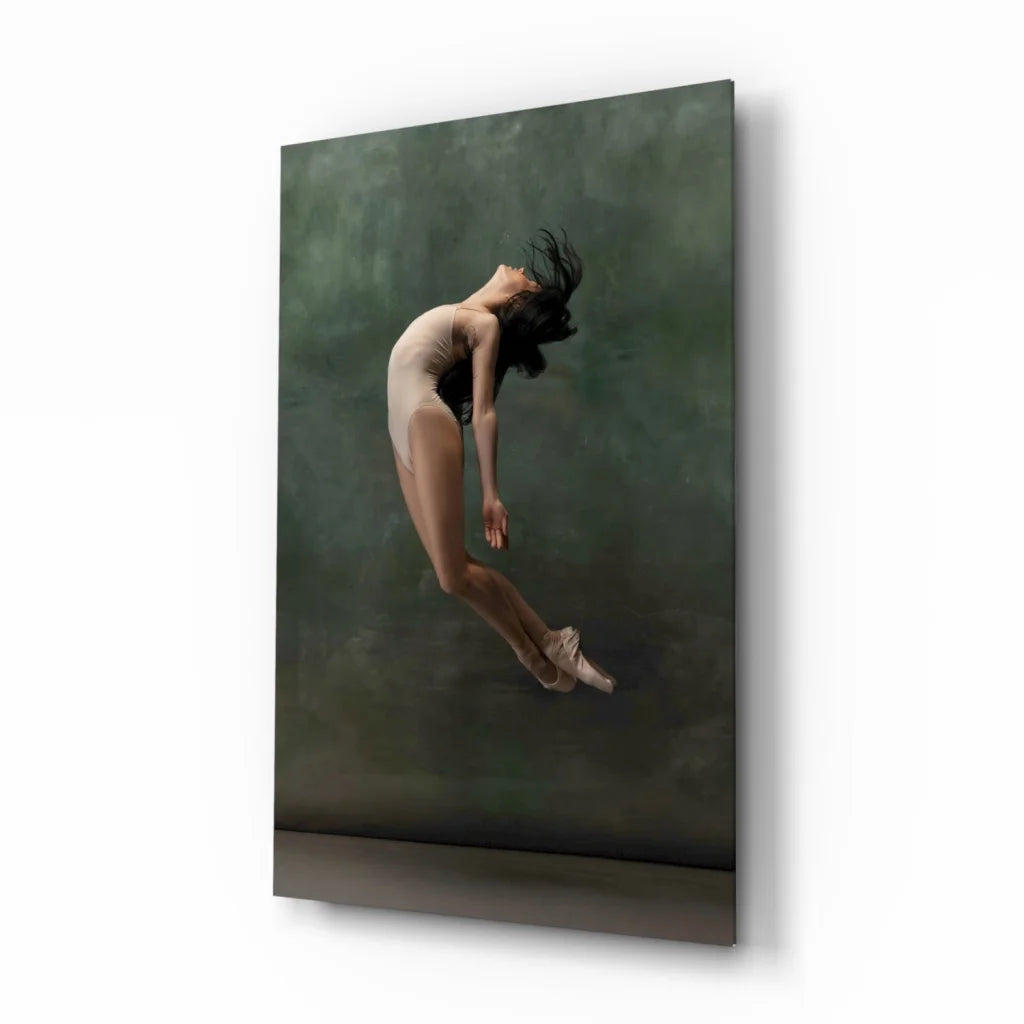 Leaping Ballerina canvas wall art in misty green with mid-leap dancer