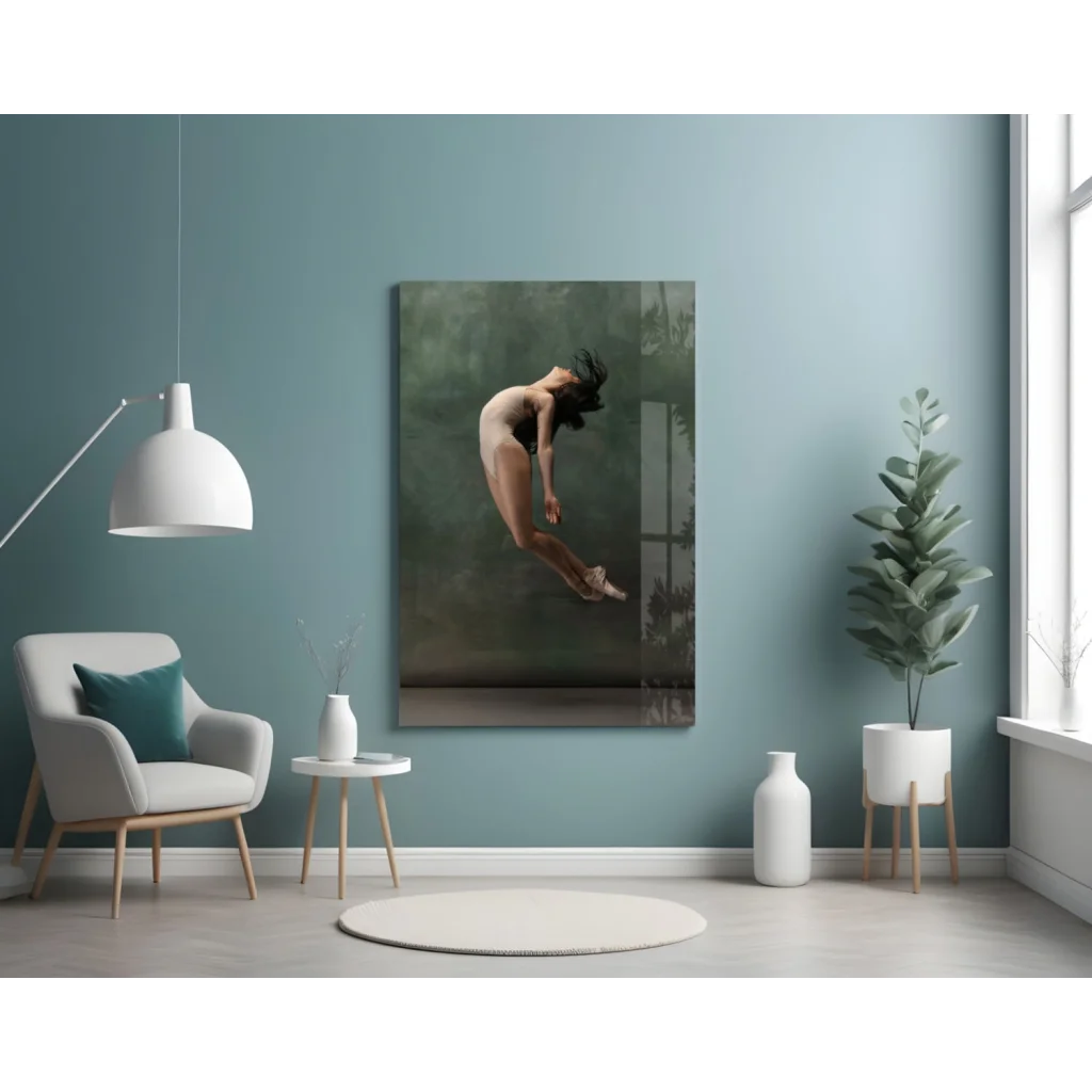 Leaping Ballerina canvas wall art in misty green tones