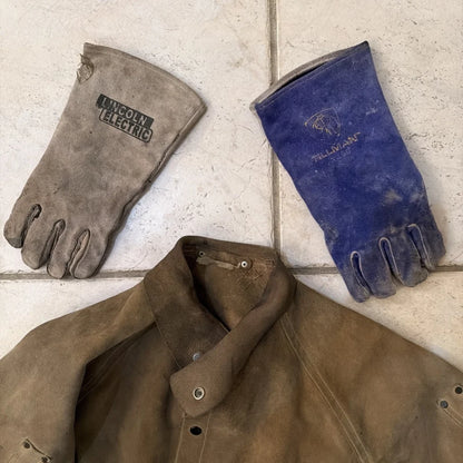 Brown leather welding jacket coat with Lincoln Electric and Tillamook gloves