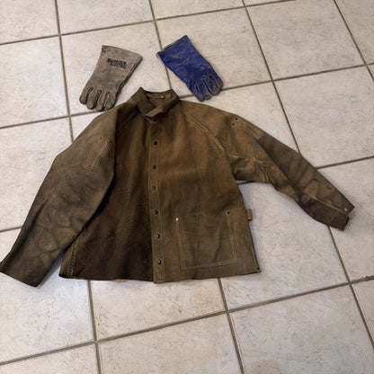 Brown leather welding jacket coat with reinforced patches and buttons