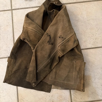 Worn brown suede leather welding jacket coat with patches and stitching