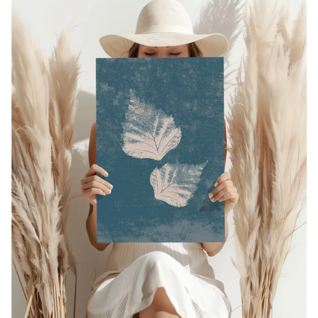 Teal leaf insigne aluminum prints with blue textured canvas and white leaf silhouettes