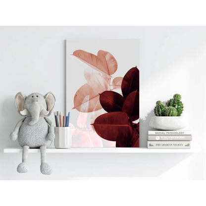 Modern aluminum print of translucent leaves in peach and burgundy