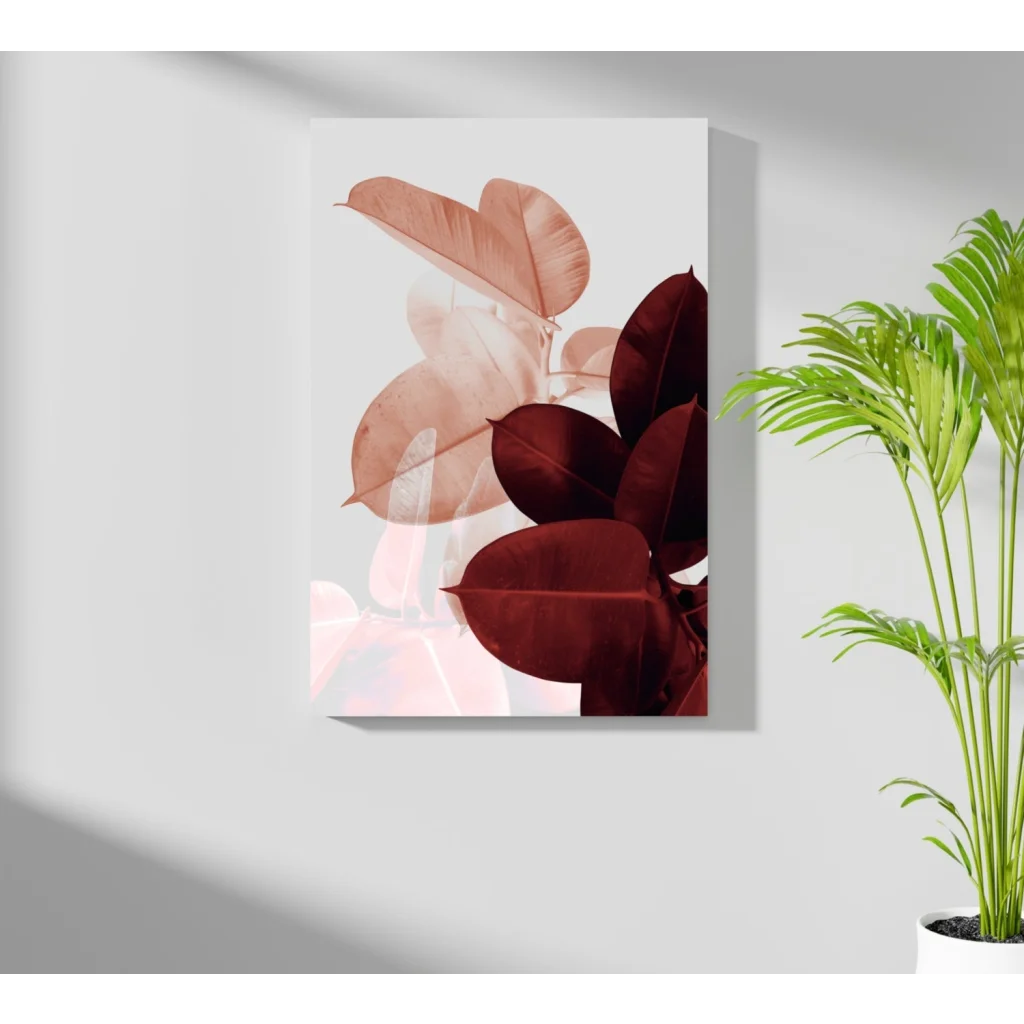 Translucent leaves aluminum print in peach and burgundy tones on white wall