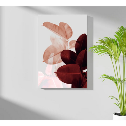 Translucent leaves aluminum print in peach and burgundy tones on white wall