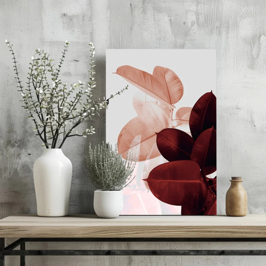 Translucent Leaves Aluminum Print in Peach and Burgundy Tones | Glass Wall Art Print | vintageantiquesgifts.com