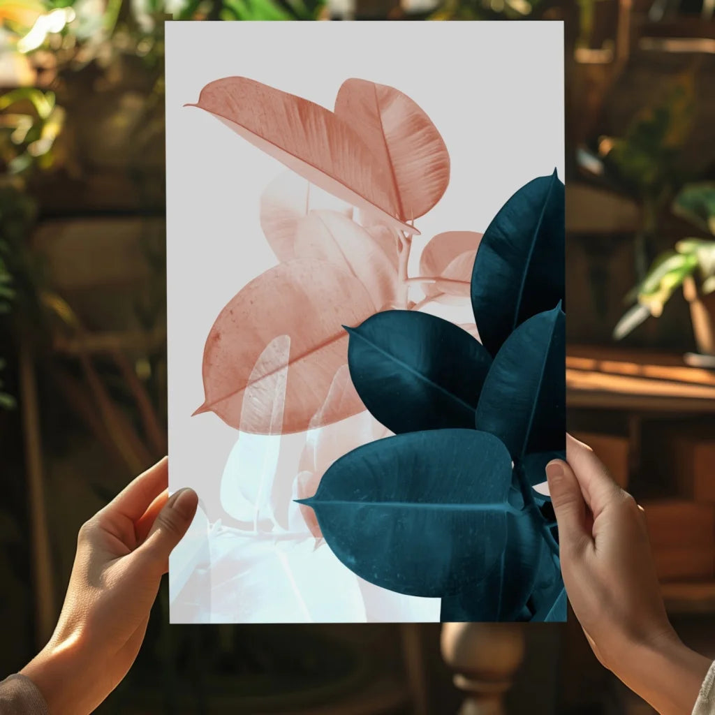 Hands holding Peach and Teal Botanical Insigne Aluminum Print with rose teal leaves