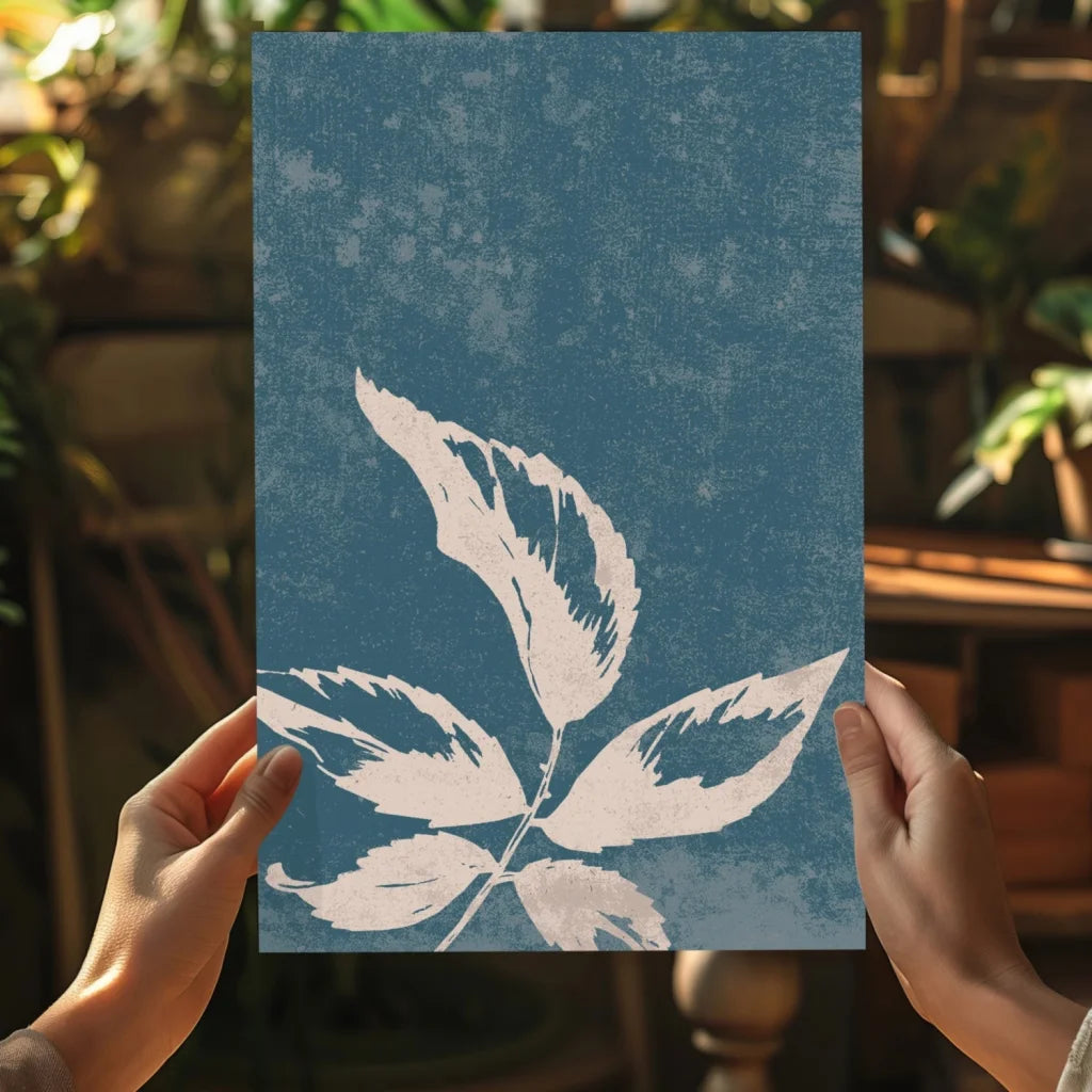 Insigne aluminum prints: blue art with white stylized leaf on textured background
