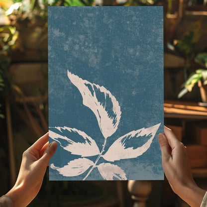 Insigne aluminum prints: blue art with white stylized leaf on textured background