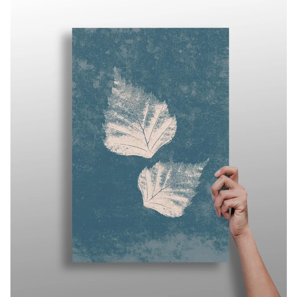 Teal leaf insigne aluminum print with white leaf silhouettes on textured background